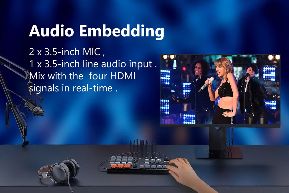 4K Wireless Audio Transmitter 4-Channel Video Switcher for HD VGA Outputs Live Streaming Camera