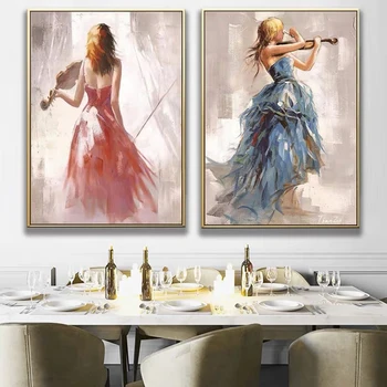 Modern Elegant Music and Dancing Woman Art Canvas Paintings Wall Art Pictures for Living Room Decor (No Frame)