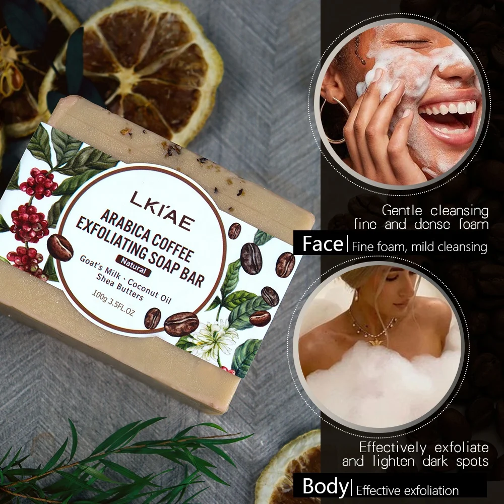 LKIAE Fine and Dense Foaming Lighting Face and Body Bath Moisturizing Beauty Scrub Coffe Soap for Fair Skin