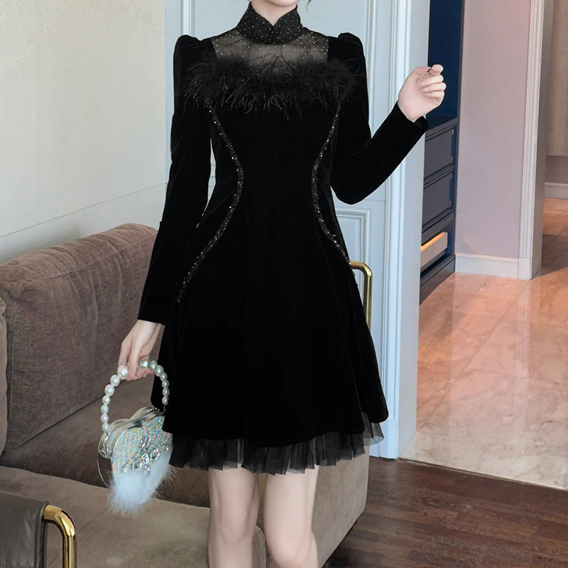 ZYHT 45053 Wholesale New Spring Collection Women Black Velvet Dress High  Neck Pleated Hem a Line Long Sleeve Cocktail Dresses