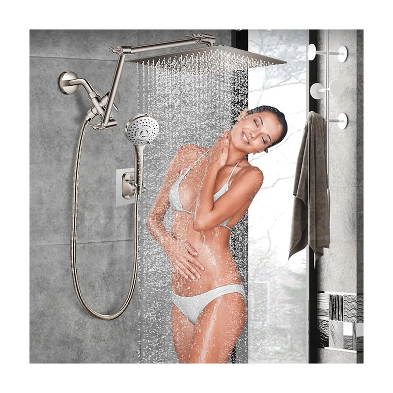 High Pressure Rainfall Shower Head with 16'' Flexible Angle Adjustable Extension Arm