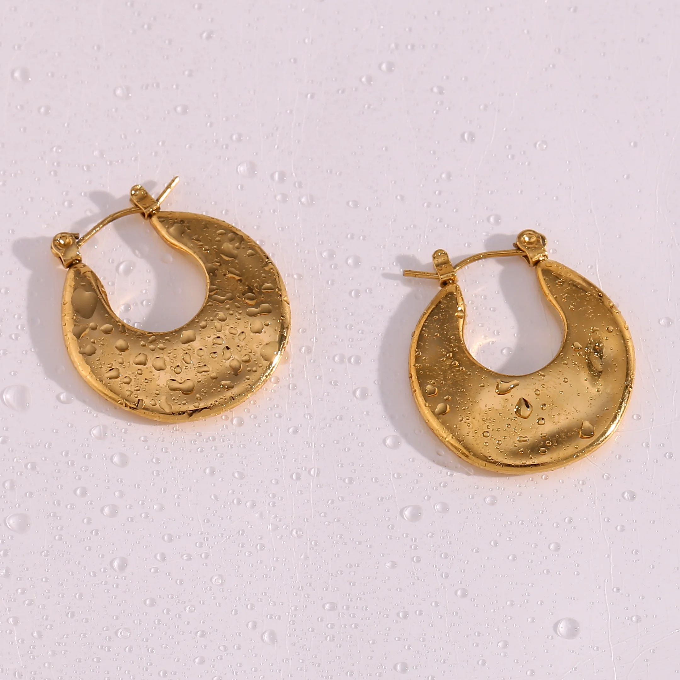 Hammered 18k Gold Plated Hoop Earring Tarnish Free Stainless Steel