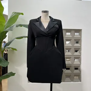 2025 New High-Quality Black Suit Waist-Cinching Fishbone Waist Dress Hourglass Design Women's Dresses