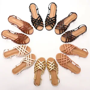Roman Braided Sandals Summer Flat Soft Soles French Fashion One-word Button Low Heel Cut-out Fish Mouth Shoes Women's Shoes