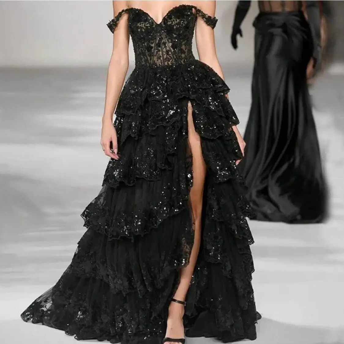 2024 Long Black Red Green Evening Dresses Off Shoulder High Slit Formal  Prom Dress for Women Vintage Lace Ruched Party Gowns