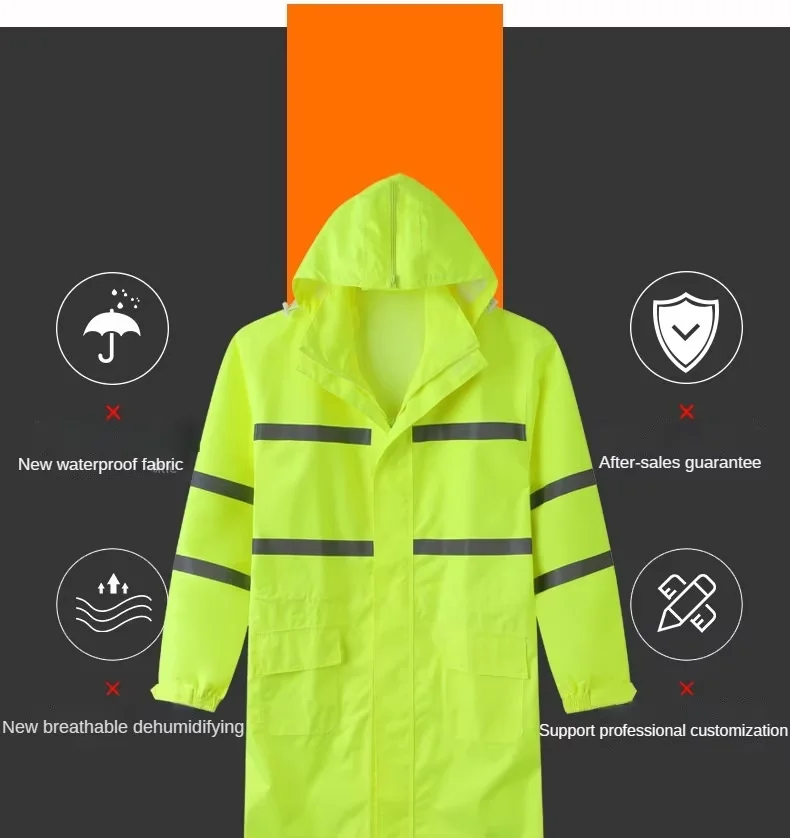 High visibility waterproof breathable reflective safety raincoat long rain jacket warning security m