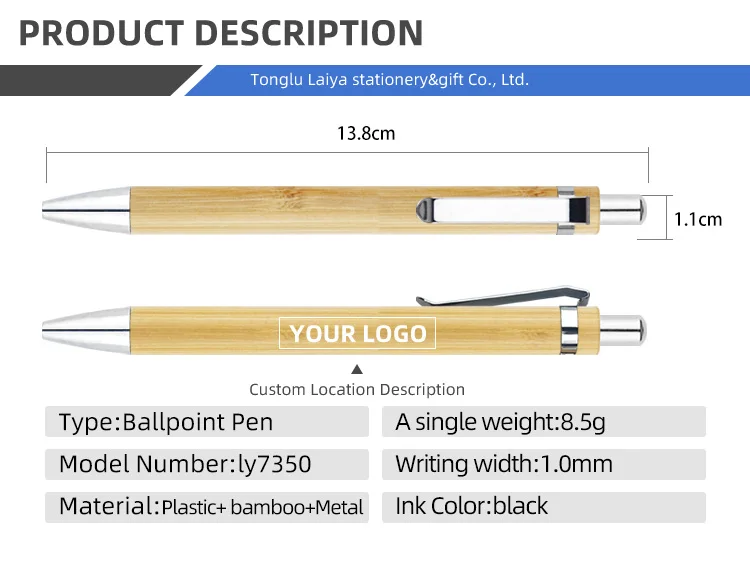 Custom Logo Eco-Friendly Bamboo Wood Ballpoint Pen 1.0mm Writing Width Blue/Black Ink Durable Sustainable Office & School Use