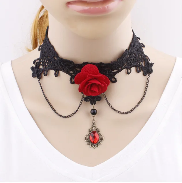 Elegant Red Flower Gemstone Pendant Necklace