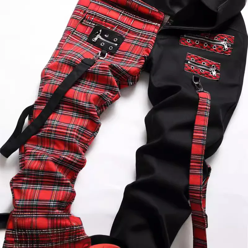 Custom New 2024 Fashion Stitching Color Matching Black Men's Jeans Red Plaid Stitching Non-elastic Jeans Pants supplier