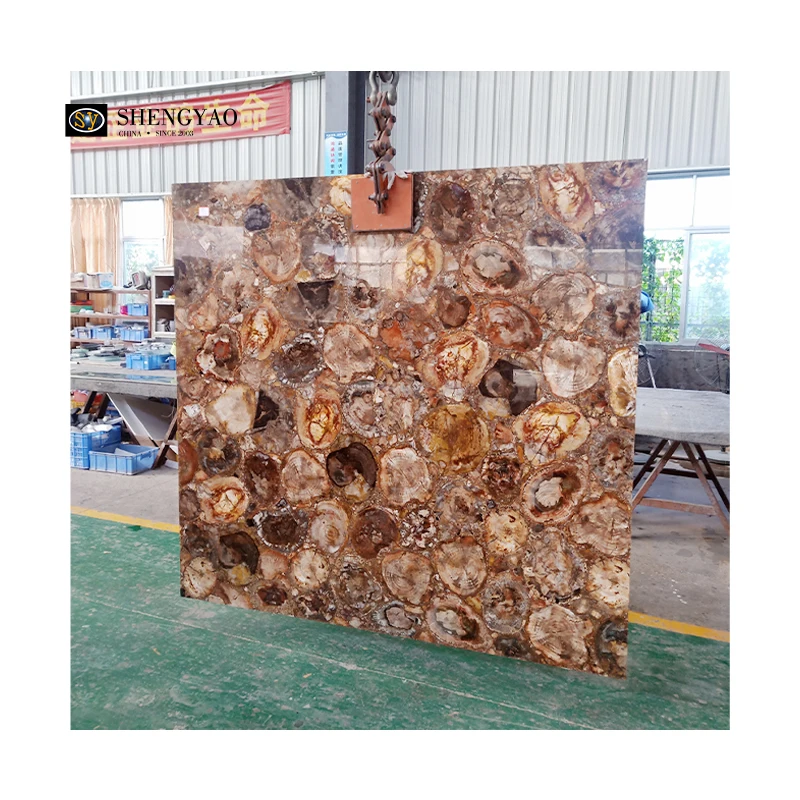 Custom Brown Petrified Wood TV Background Wall Panel Fossil Stone Fireplace Slabs