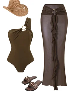 STOCK Two Colors Solid Designer Women Bandeau Two-Piece Swimwear One Shoulder Swimsuit Skirt Set Waist Logo Sheer Cover Ups 100%