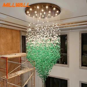 Large Chandelier Rainfall Green Glass Gem Hanging Lamp Hotel Stone Glass Stained Pebbles Design Pendant Light