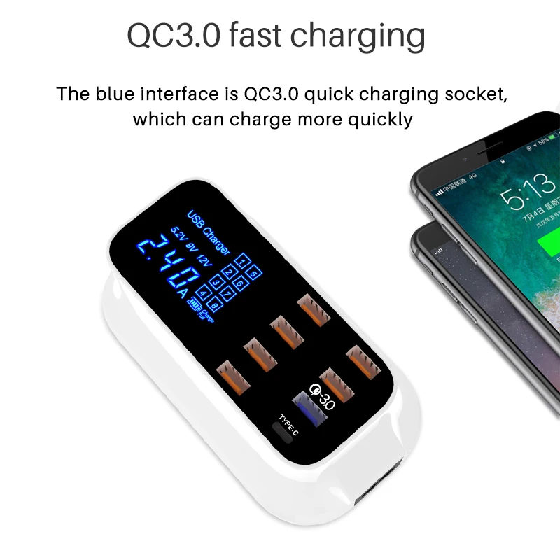 Smart Power Quick Charge 8 USB Charging Ports Usb Charger Hub with LED Display Screen