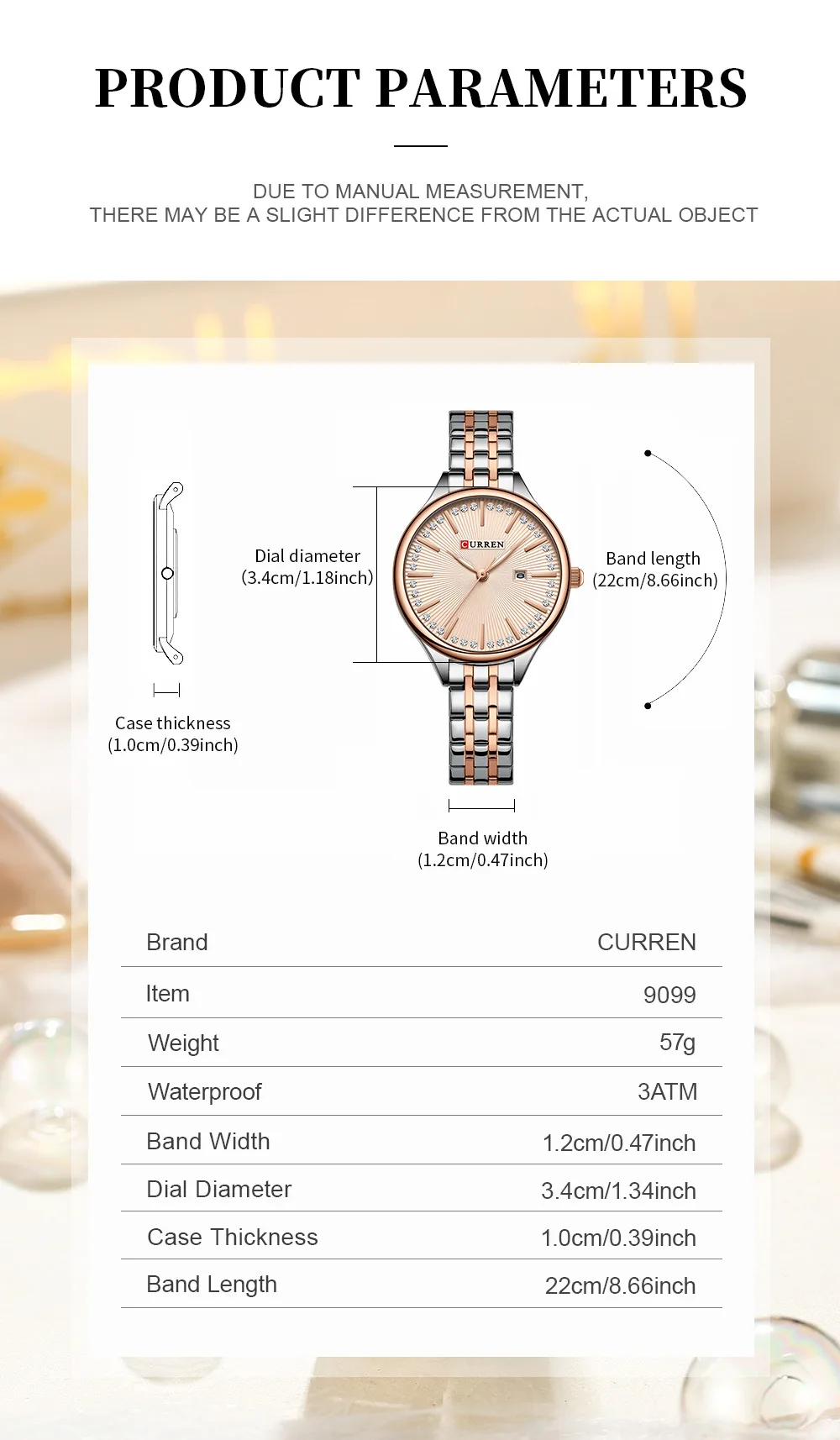 CURREN 9099 Small Dial Simple Design Quartz Watch Fashion Calendar Casual Waterproof Stainless Steel Strap Business Lady Watches