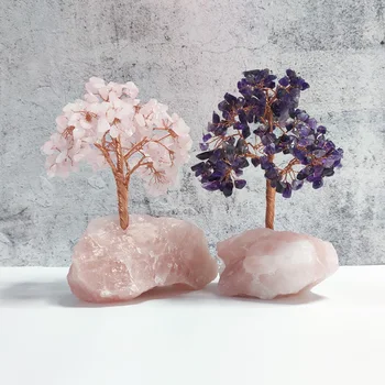 Quartz Hand Carved Crystal Tree Wholesale Natural with White Love Gift Western Sea Religious Style Pink Crystal Amethyst Tree