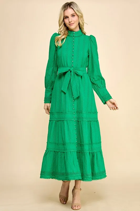 Elegant Vintage 100% Cotton Embroidered Long Dress Natural Waistline Woven Weave Lace Decoration - Image 2