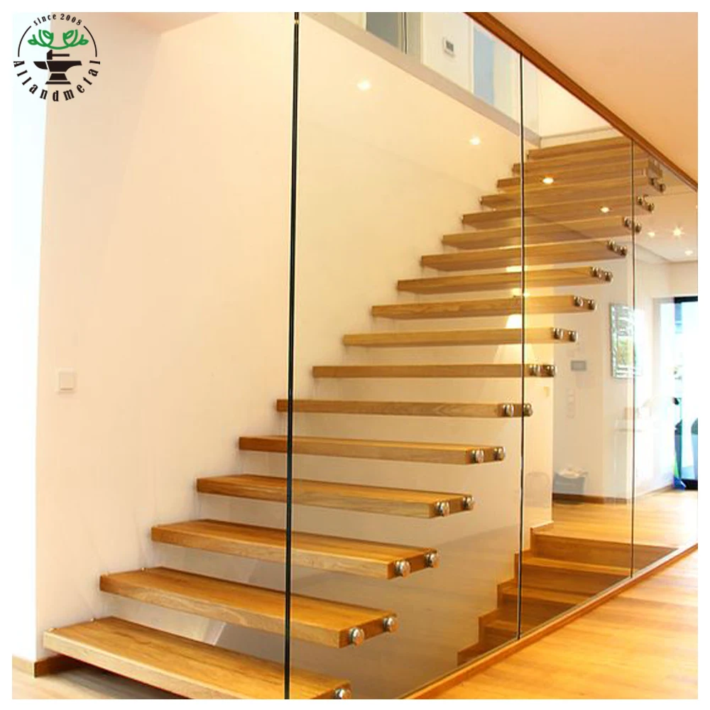 Big Landing Floating Stairs with Led Light White Oak Steps Standoff Glass Railing