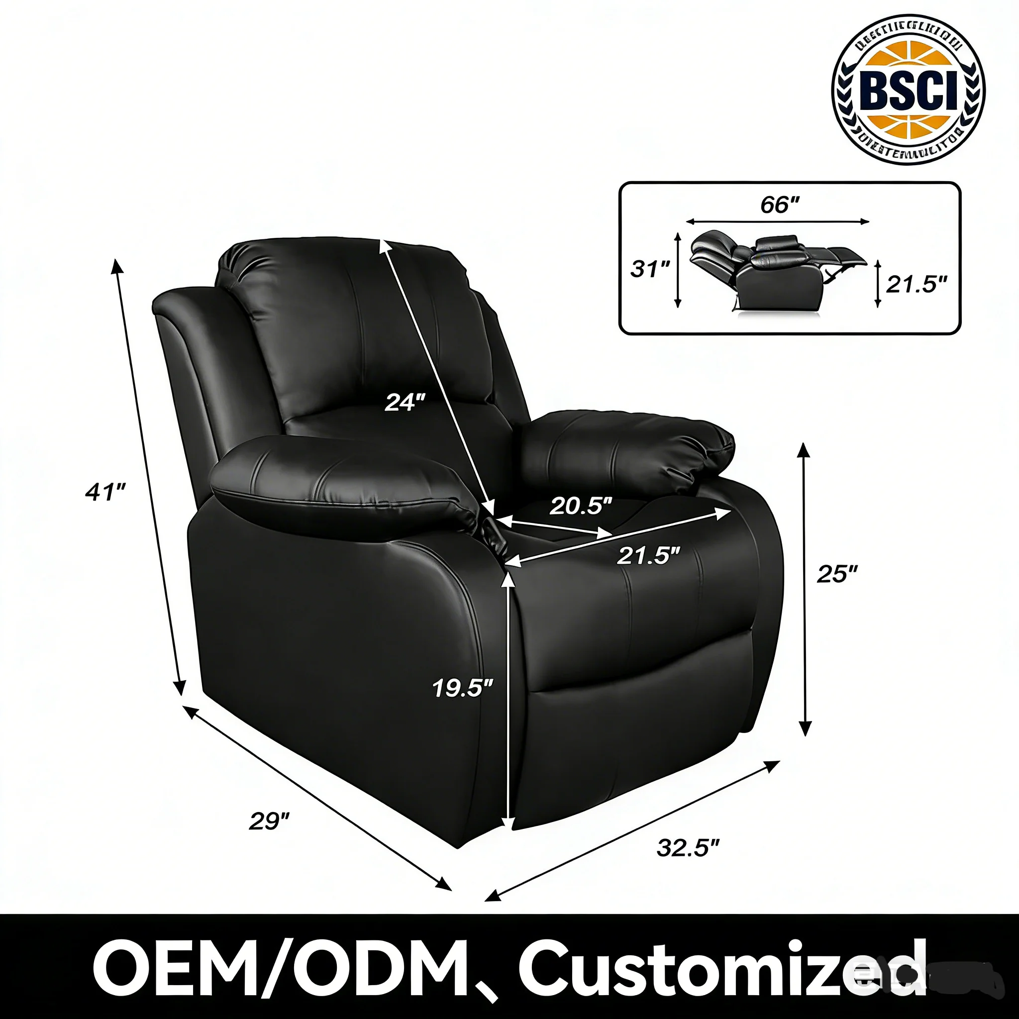 Customized Recliners RTS Manual Reclining Chair in Black with Massage & Cooling Features for School & Living Room
