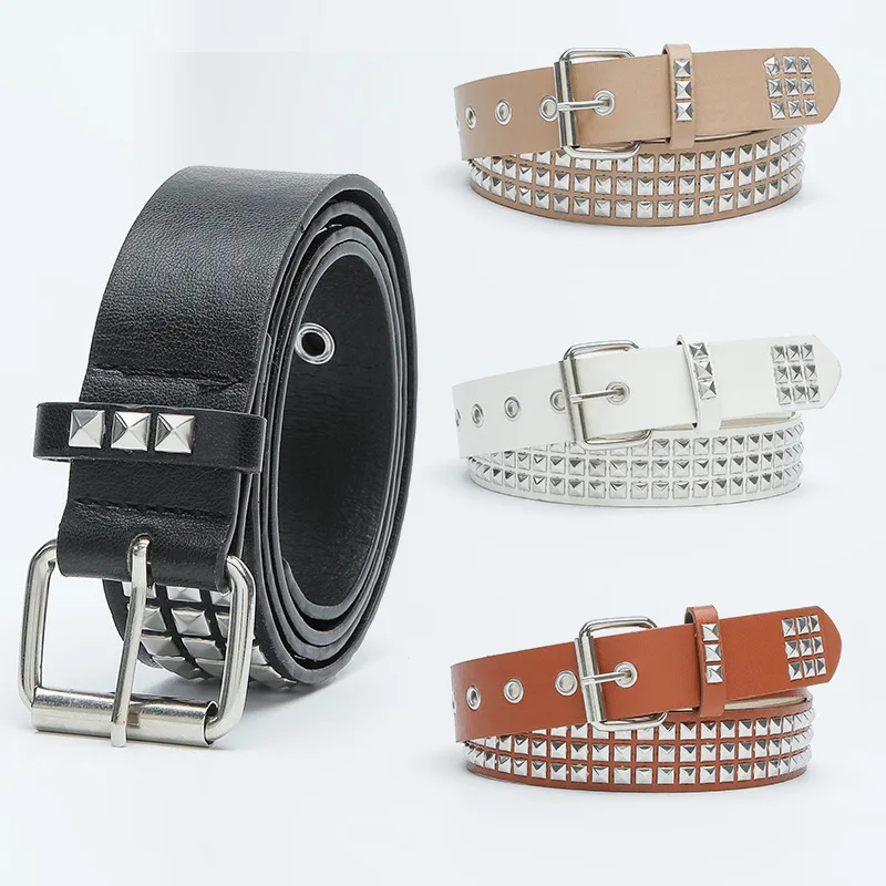 Women's Leather Belt with Alloy Buckle - Square Pyramid