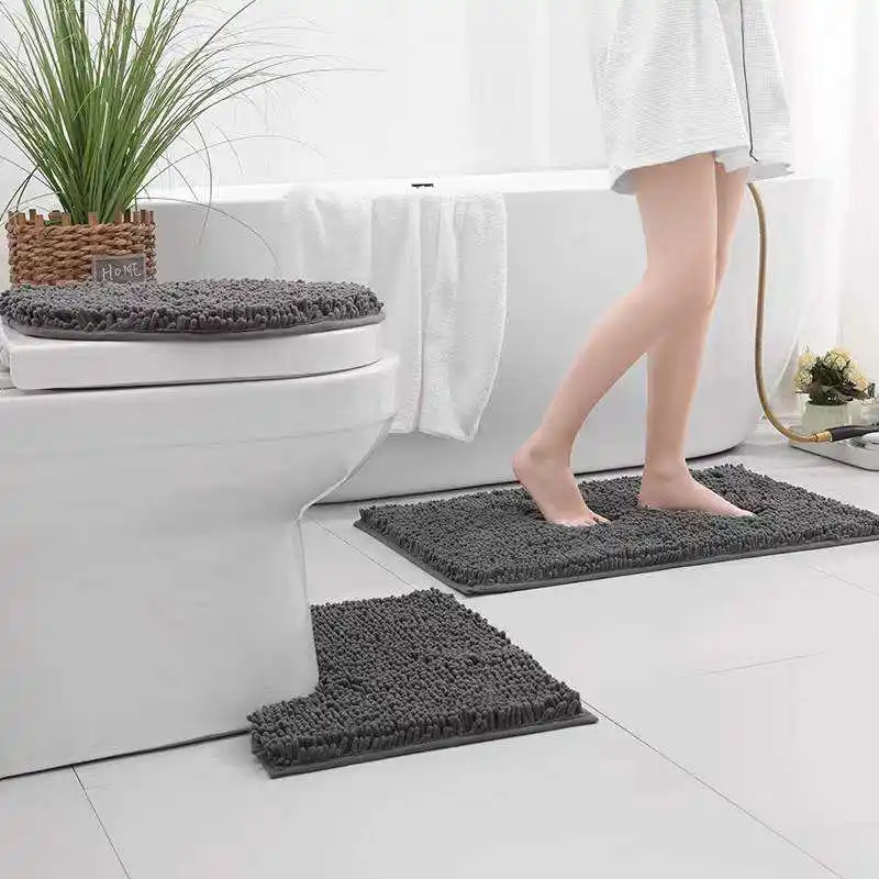 Non-Slip Chenille Bath Mat Set - 3-Piece Absorbent Microfiber Bathroom Rugs and Mats, Ideal Bath Mats for Bathroom, Plush Floor Mats for Kitchen and Entrance