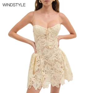 Casual Floral Solid Pattern Sleeveless Strapless Dress for Women Sexy Lace Embroidered High Sensation Midi Length Breathable Mix