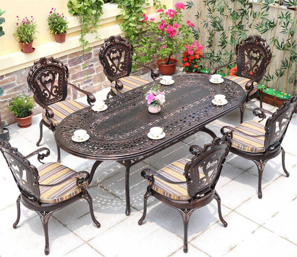 Nordic villa die cast aluminum dining set luxury casting metal outdoor dinner table