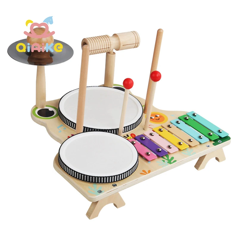 Children Educational Wooden Percussion Instruments Toys Music Station Toy Wooden Kids Drum Set for Toddlers