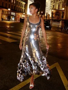 New Silver Foil Sequined Halter Maxi Dress Women Fitted Waist Ruffled Hem Party Evening Dress