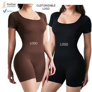 Under Lulu Custom Seamless Threaded Bodyusuit European American Short-Sleeved Logo Shaped Jumpsuit with Thin Control Level