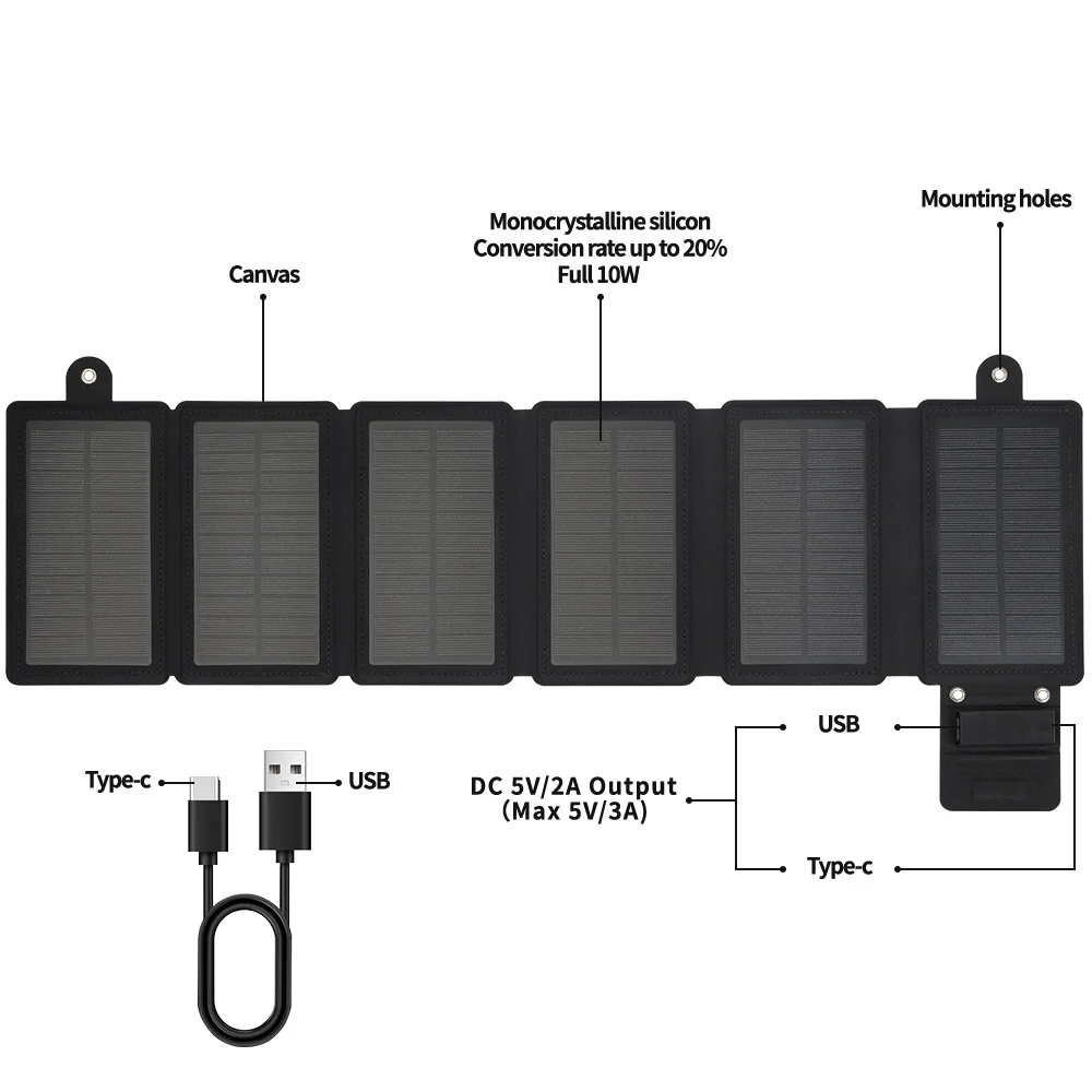 10w 5v Folding Solar Charger For Cell Phone Charger 6 Fold Portable