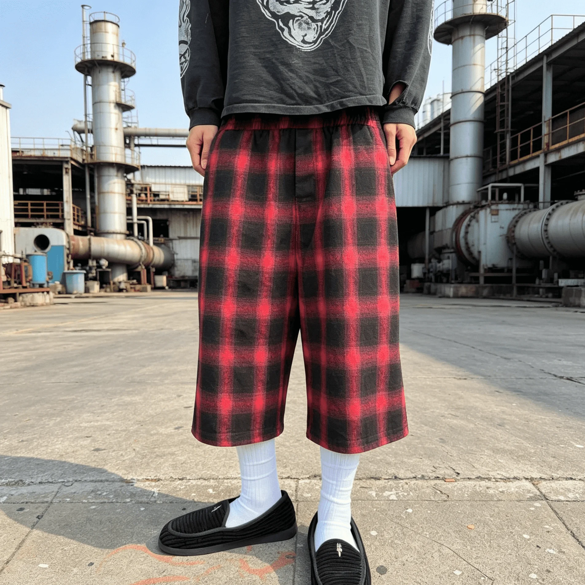 Custom Mens Checkered Plaid Cropped Pants Wide Leg Streetwear Elastic Waist Baggy Trousers For Casual Daily Wear