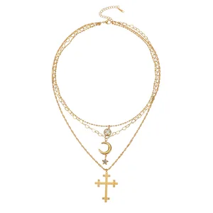 Trendy Layered Cross Necklace Stainless Steel Double Chain Choker Light Luxury Minimalist Jewelry for Women Europe Style