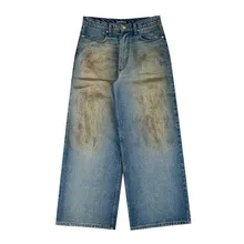 High Quality Vintage  Manufacturer   Heavy Cotton Denim  Wide Leg Y2K   Pant Straight Baggy Custom Basic Mud Wash Jean