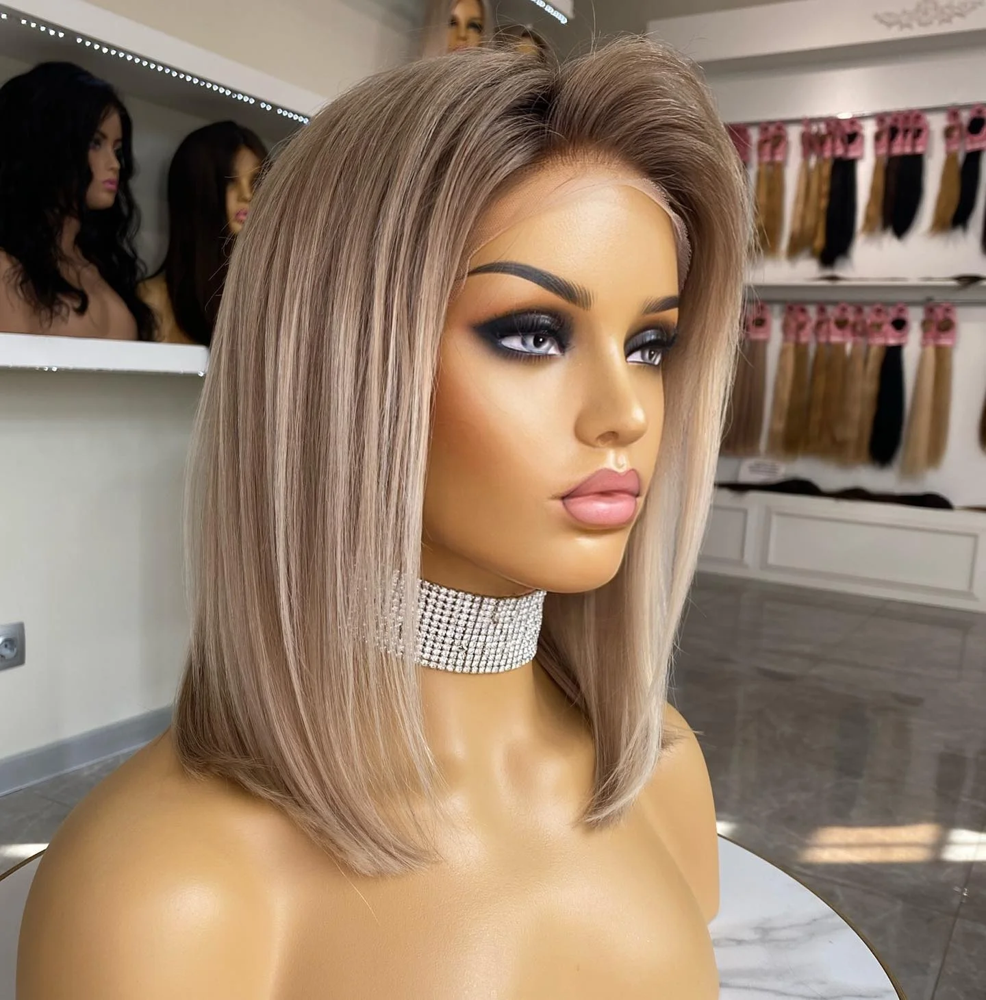 Peluca femenina de cabello humano liso con encaje frontal, pelo