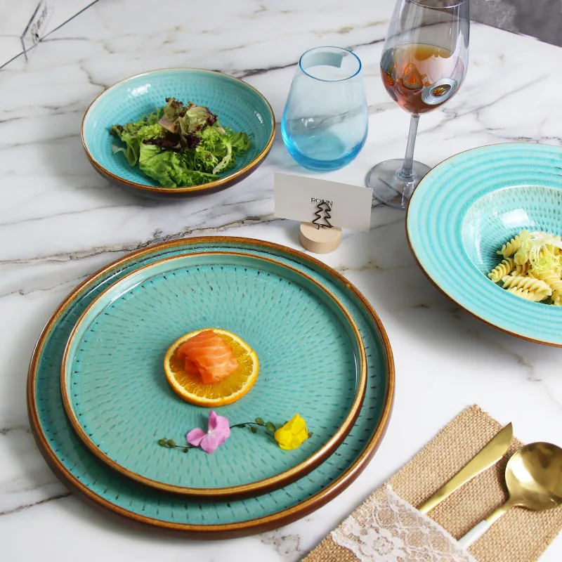 Wholesale Green Crockey Set Christmas Dinner Set Turquoise Plate and Bowl  Dinner Dinnerware Dish Plate Set