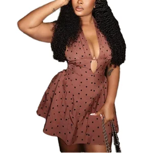 Customize Brown Autumn Mix Natural Trendy Sexy Backless Pleated Slit Polka Dots Skirt Casual Sleeveless Ruffled Dresses Bud