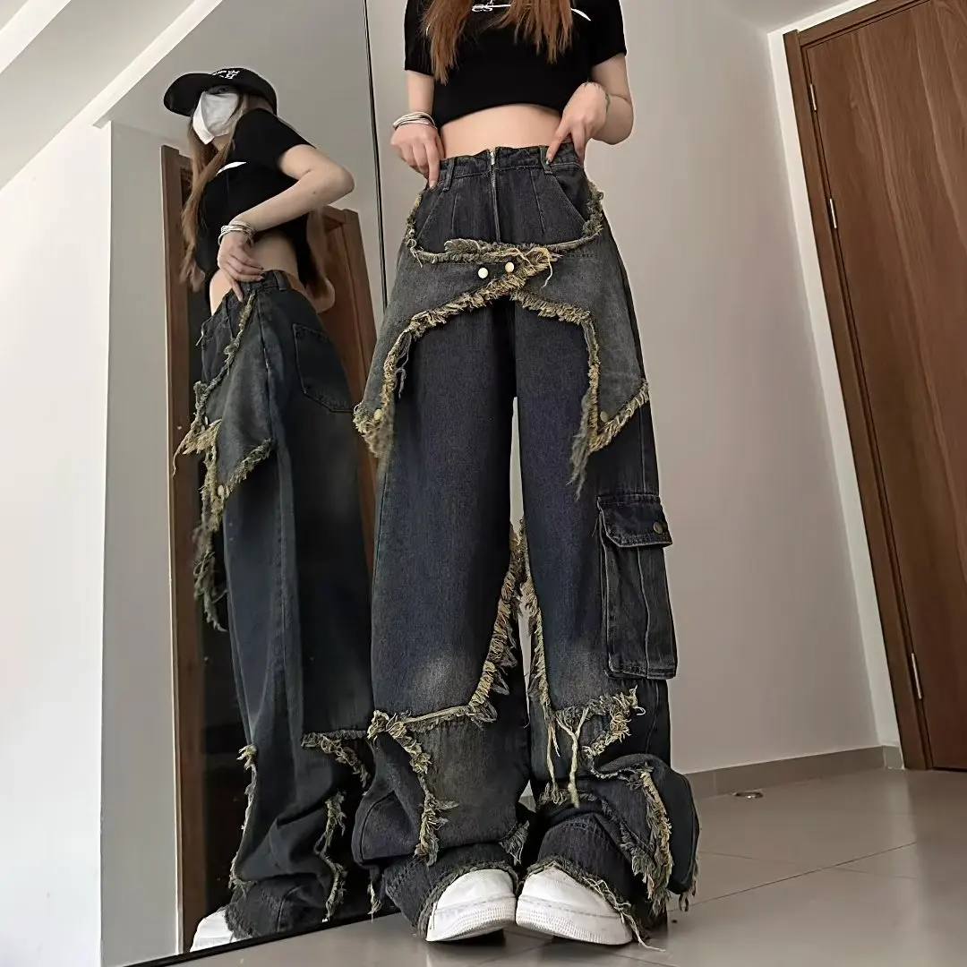 American Vintage Mid Loose Slim Denim Jeans Women Spring Design Frayed Hems Floor-Length Straight-Leg Wide-Leg Trendy Pants