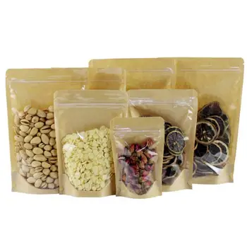 Clear Front Brown Kraft Paper Zip Lock Plastic Package Bag Doypack Stand Up Pouch mylar bag Reclosable Nuts food packaging