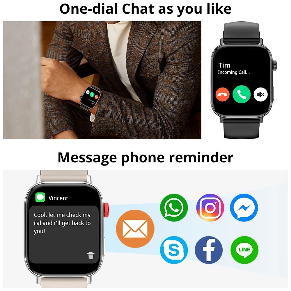 Android Smartwatch with IP67 Waterproof Plastic Case and Rubber Band Heart Rate Tracker Phone Compatibility