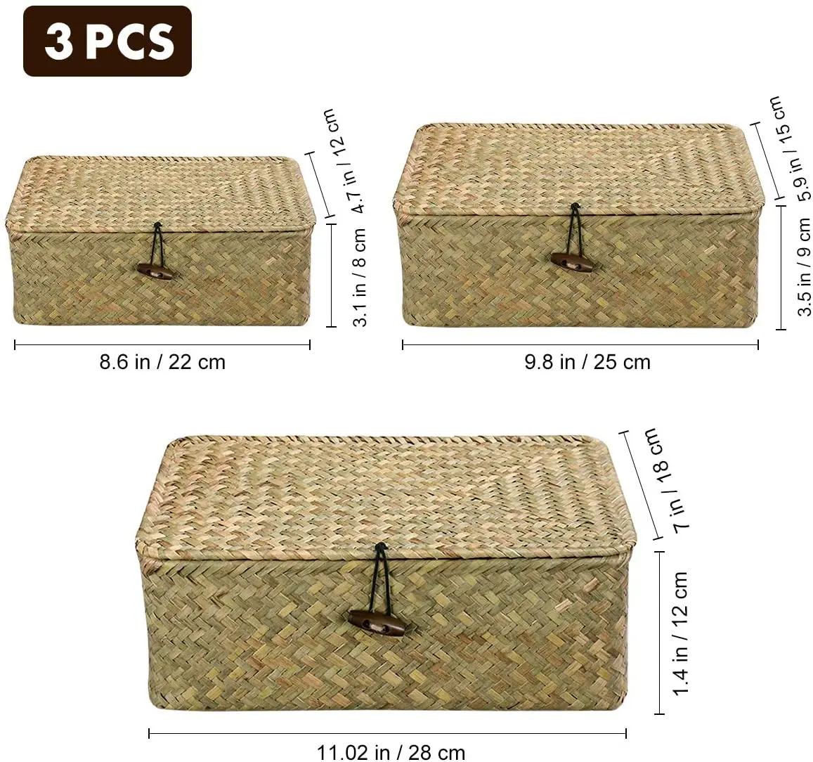 Rattan Storage Box Makeup Organizer Multipurpose Container with Lid Natural sea grass baskets for home