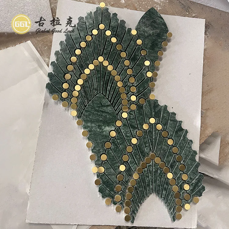 Green Marble Mix Brass Waterjet Cut Mosaic Luxury Decoration Wall Tiles