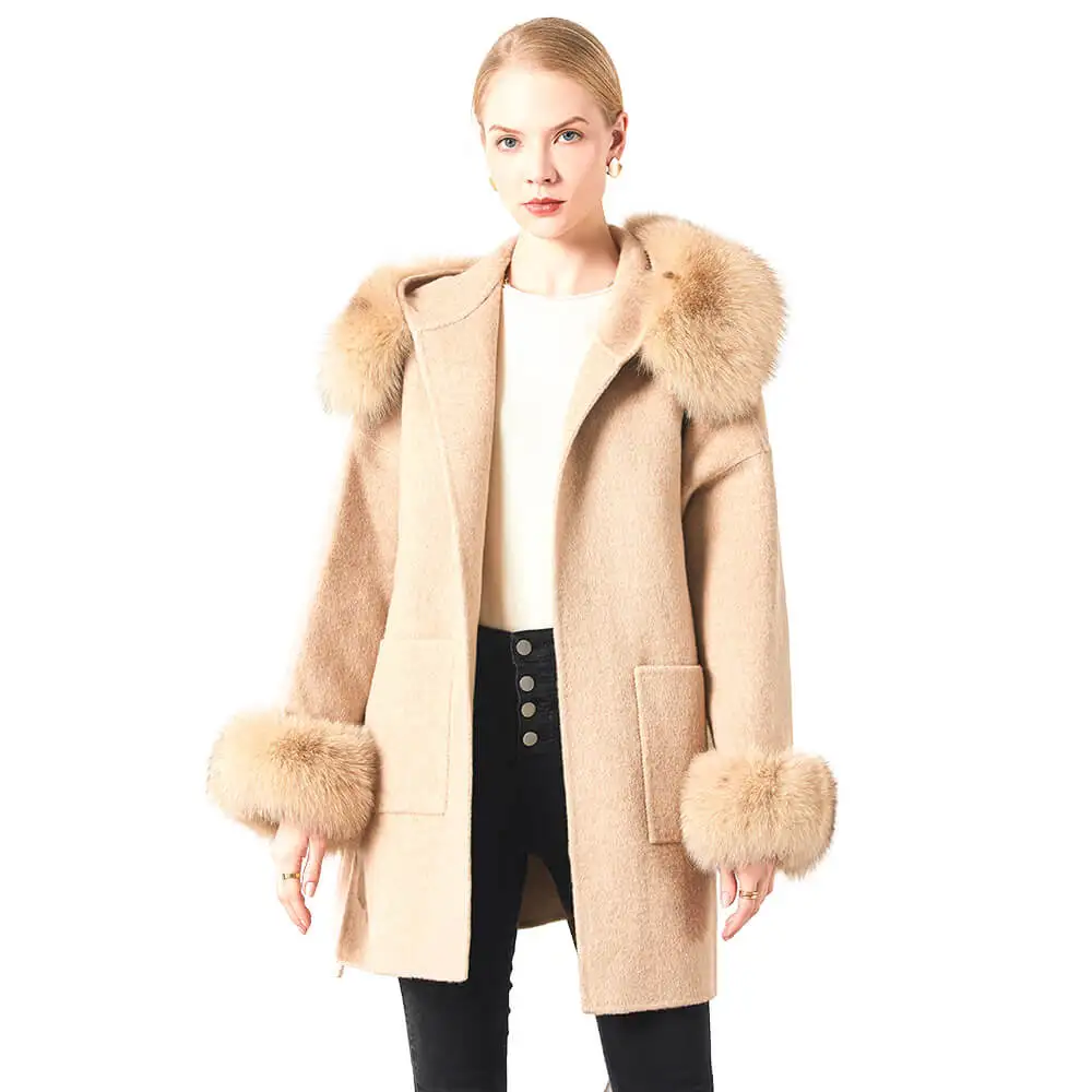 Wholesale Women Double Face Wool Coat with Fox Fur