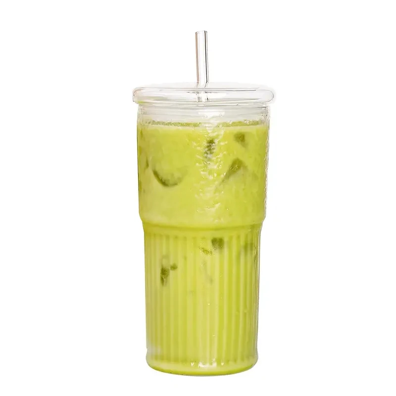 Vertical Stripes Transparent Glass Cup with Bamboo Lid and Straw 350ml Empty Glass Milk Tea Cup Cold Brew Coffee Glass Mug