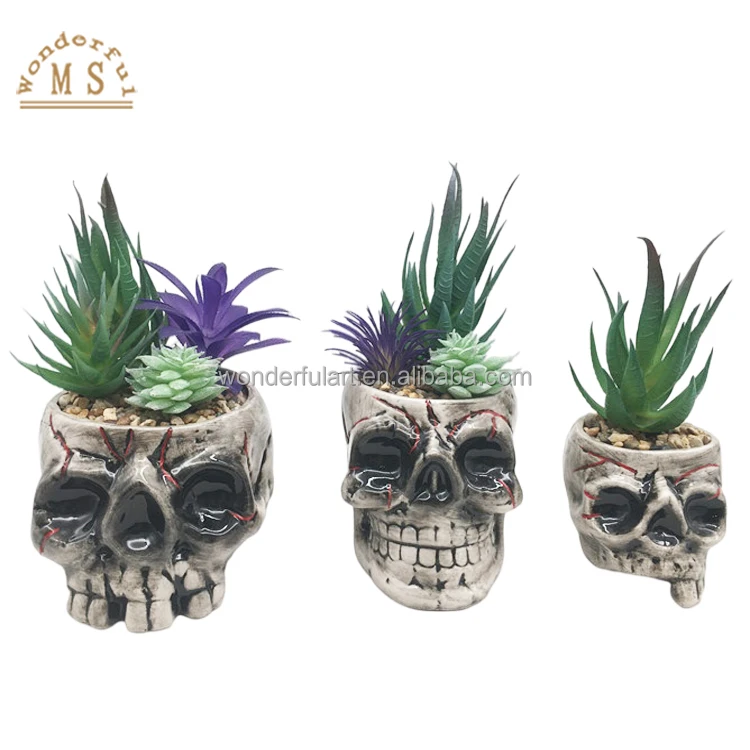 Oem customized ceramic resin skull skeleton ghost succulent flower pot vase souvenir gifts home decor garden ornament