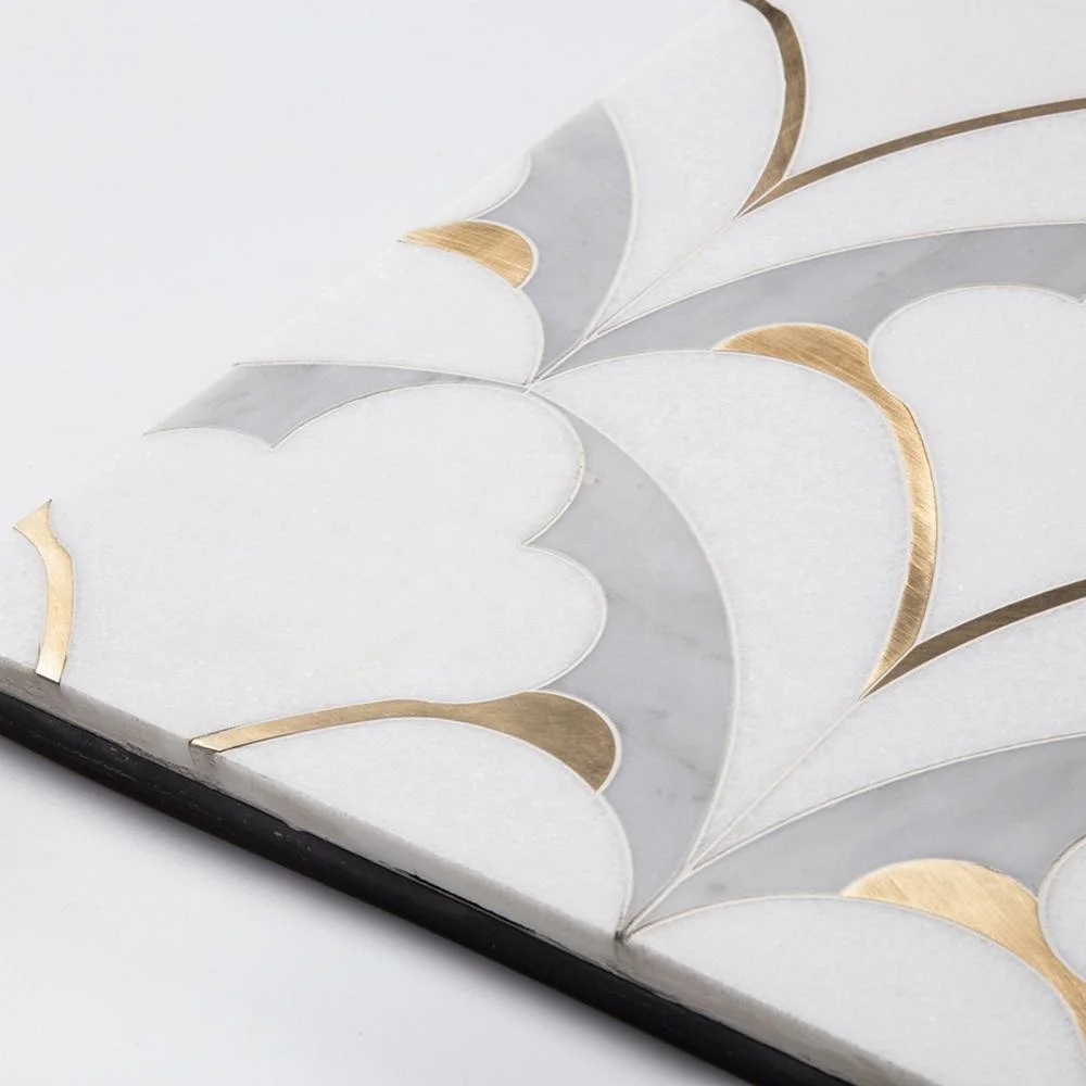 Centurymosaic Waterjet Marble Mosaic Tile Marble Floor and Wall Stone Mixed Brass Waterjet Mosaic Tiles Design Thailand Factory