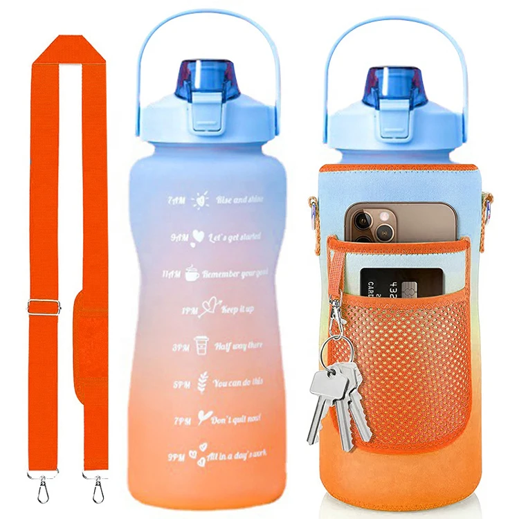 64oz 2L Half Gallon Gym Fitness Sports Motivational Water Bottle with Camo Insulated Storage Sleeve and Carry Strap