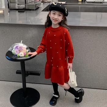 Girls' dress autumn and winter 2024 New Western style children's children winter clothes New Year knitted sweater skirt