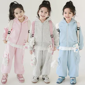 Casual Autumn 2-Piece Set Teens Hooded Sweatshirt Jacket Tracksuit Sweatpants Featuring Cartoon Doll Hanging Clothes for Kids