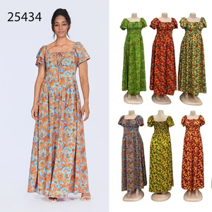 New Wholesale Summer Fashion Printing Casual Ruffled Short Sleeve square Collar A- Line Dress