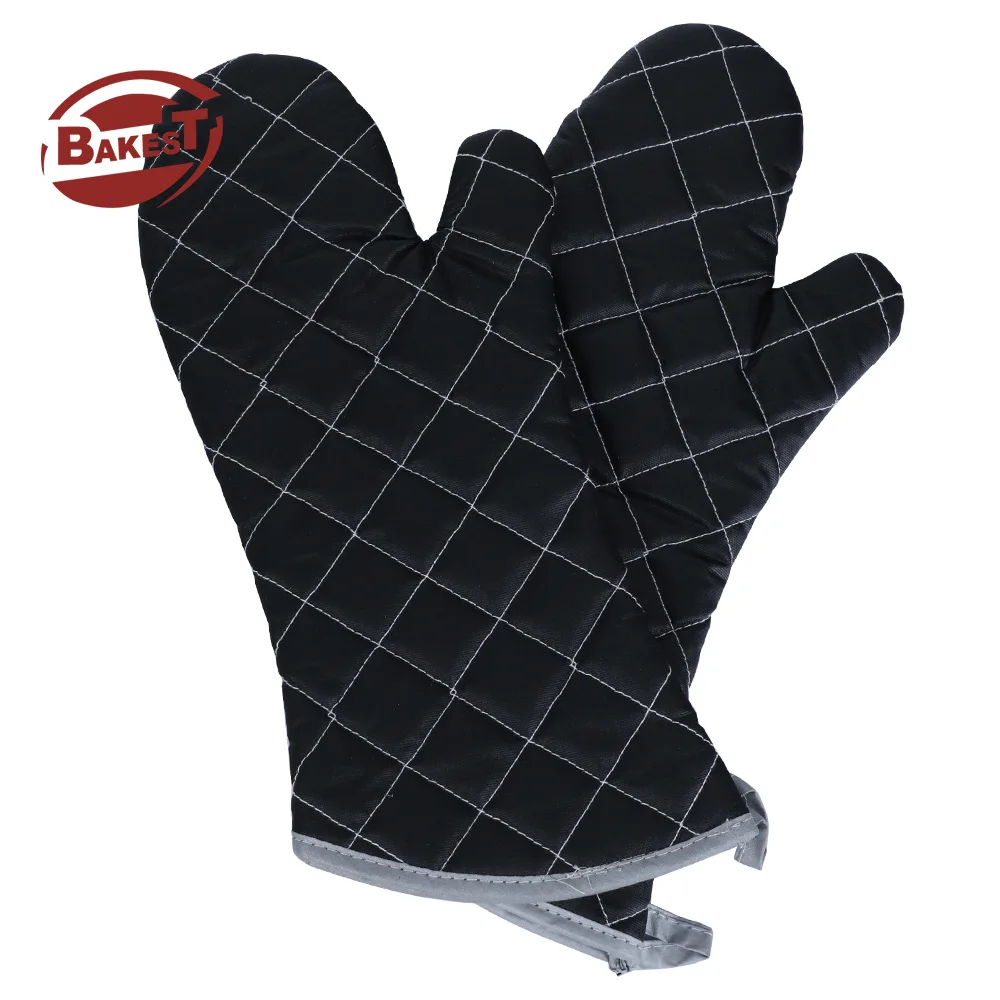 Wholesale Black Greaseproof Oven Mitts Professional Commercial Extra Long Polyester Heat Resistant Waterproof Cotton Oven Gloves